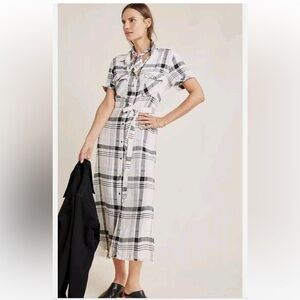 Anthropologie Cloth & Stone Linen Dress Black White Plaid Size Small NWOT
